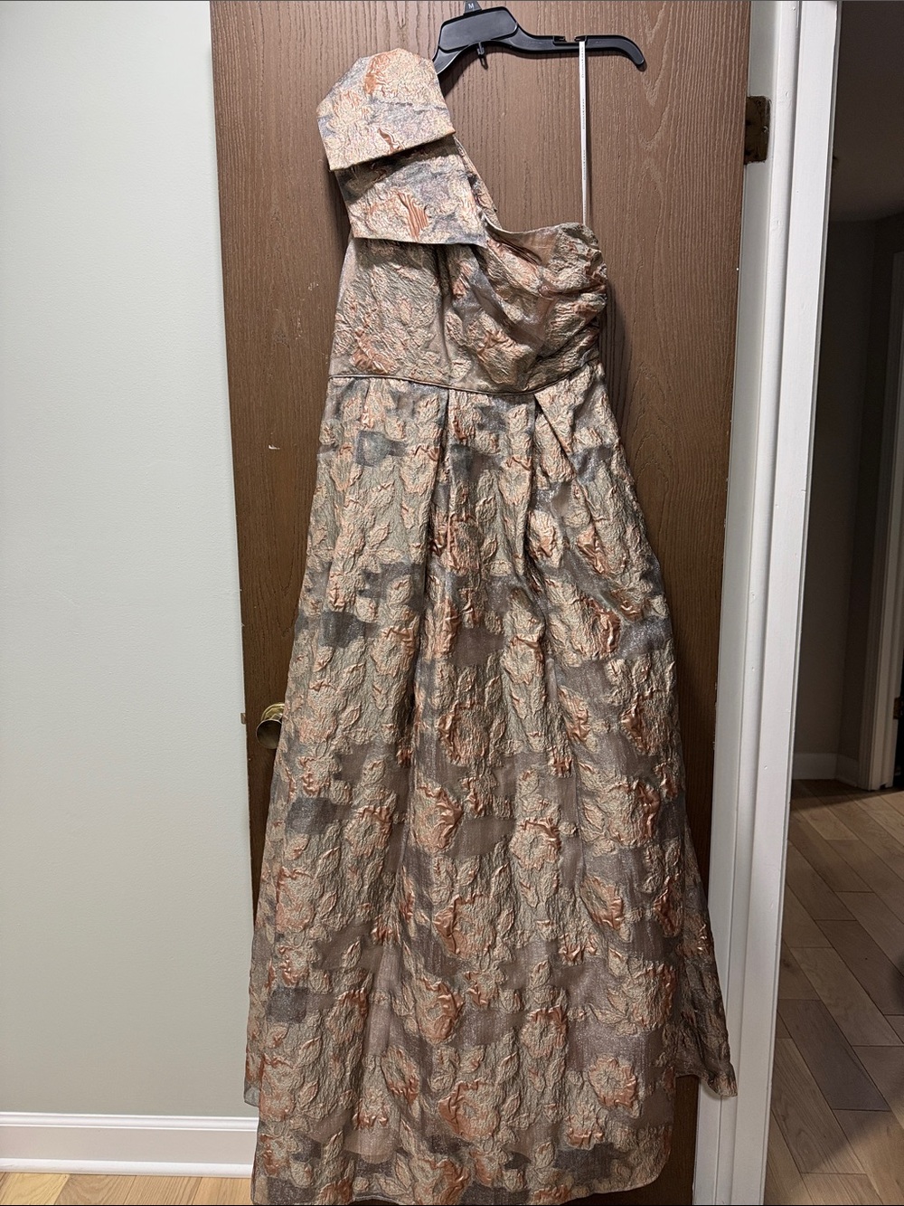 Donna Karan One-Shoulder Metallic Jacquard Gown in Champagne and Rose Gold